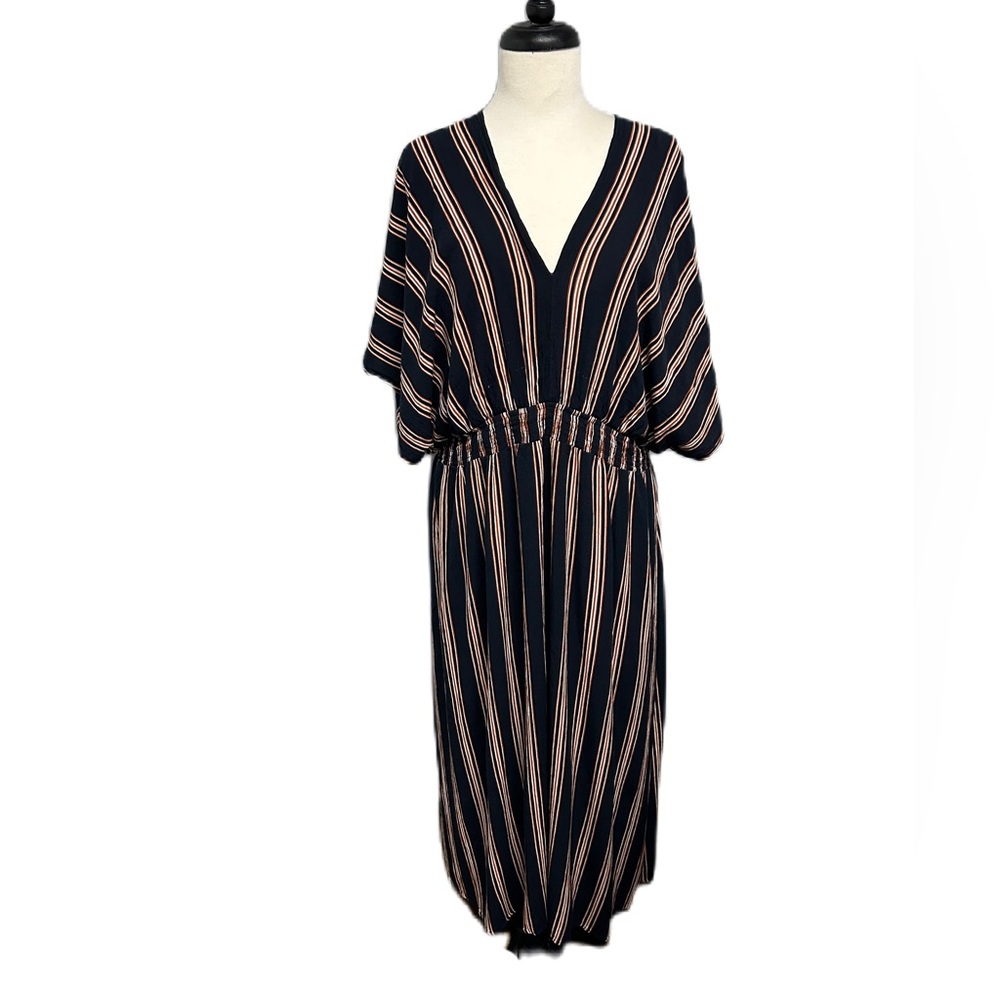 Nina Leonard Maxi Dress Sz 2X Womens Navy Cognac Stripe Dolman Sleeve Wedding